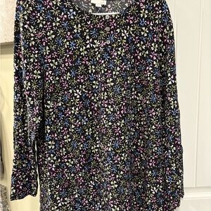 JJill tunic, black with pink, cream blue, green flower print